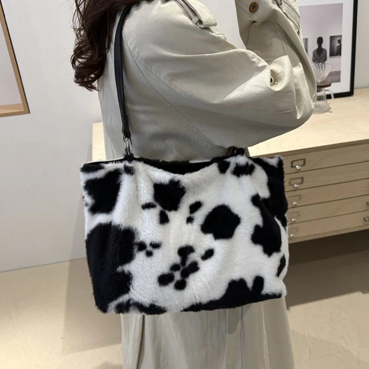 Cow Print Furry Tote Bag - Image 10
