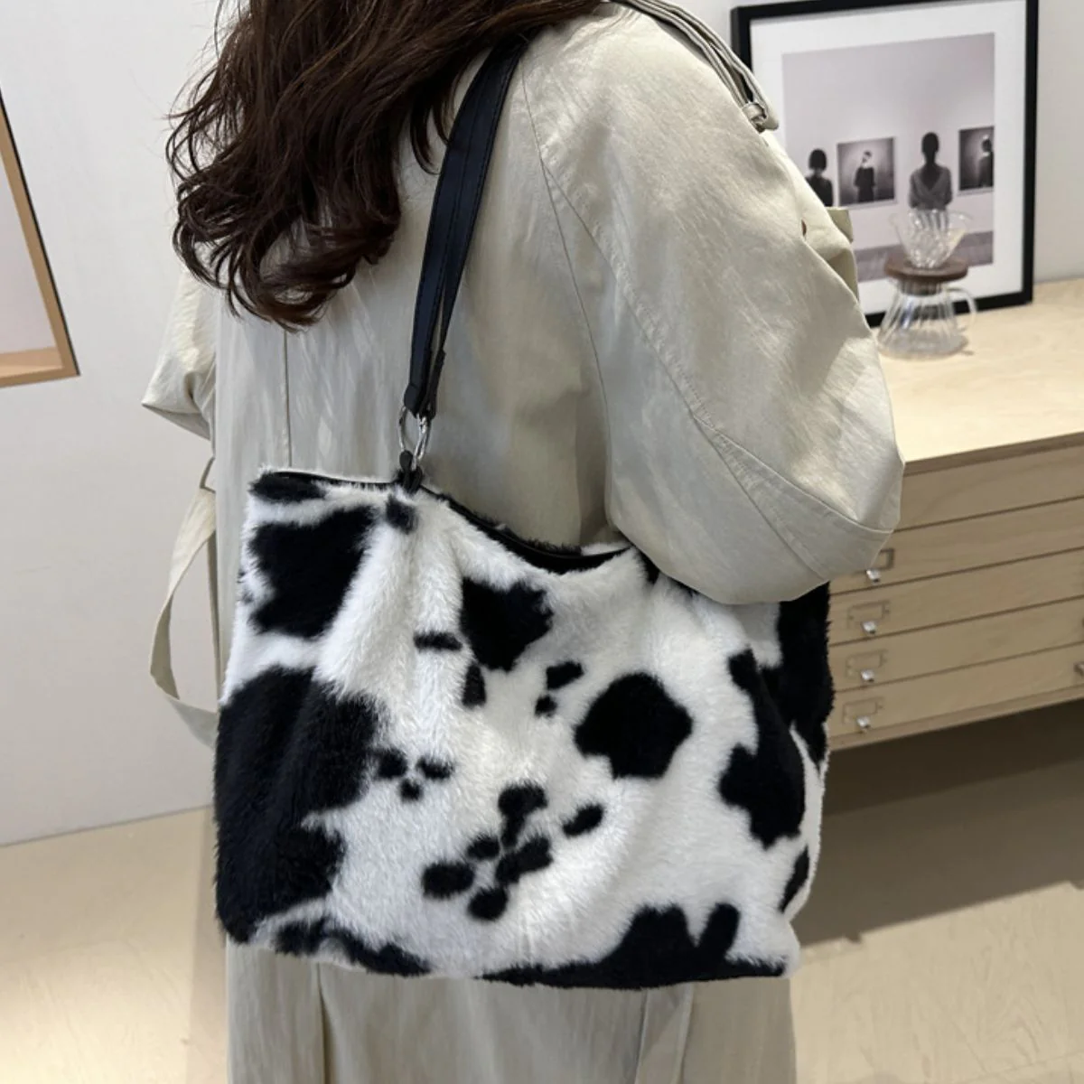 Cow Print Furry Tote Bag - Image 11