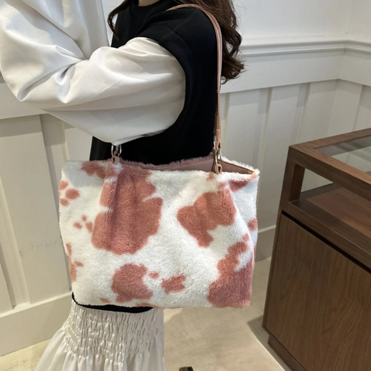 Cow Print Furry Tote Bag - Image 18