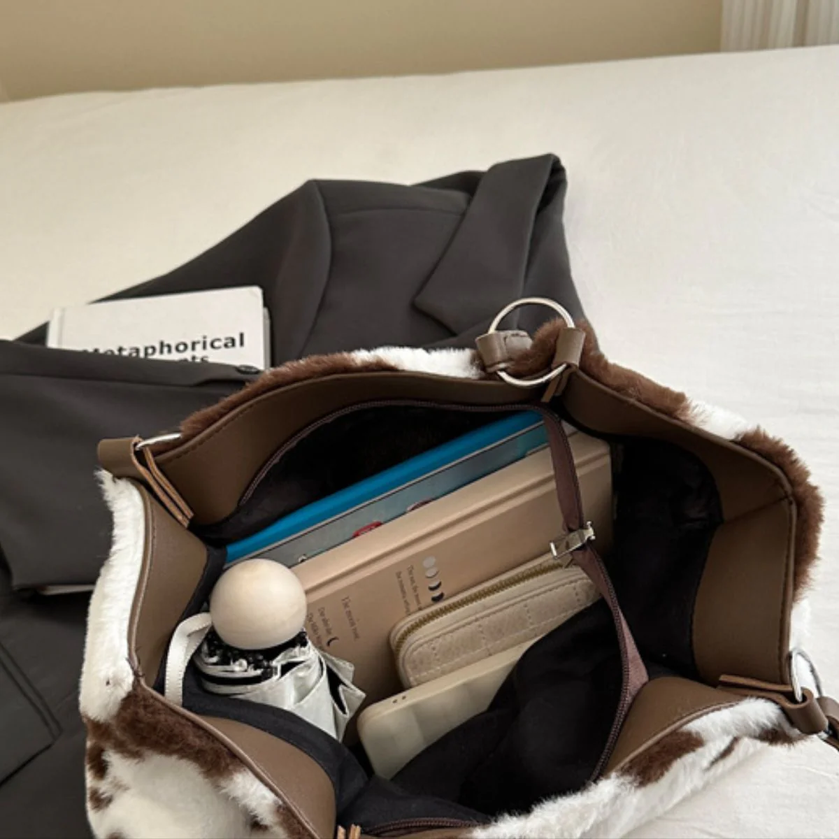 Cow Print Furry Tote Bag - Image 5