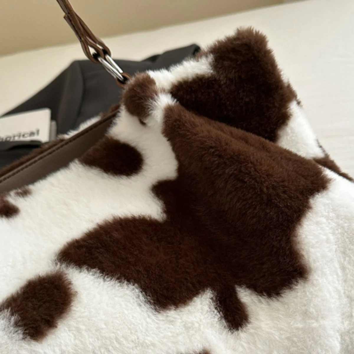 Cow Print Furry Tote Bag - Image 6