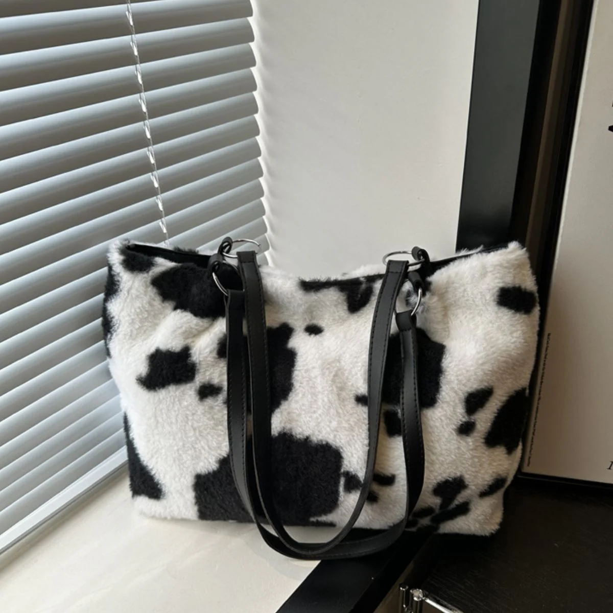Cow Print Furry Tote Bag - Image 7