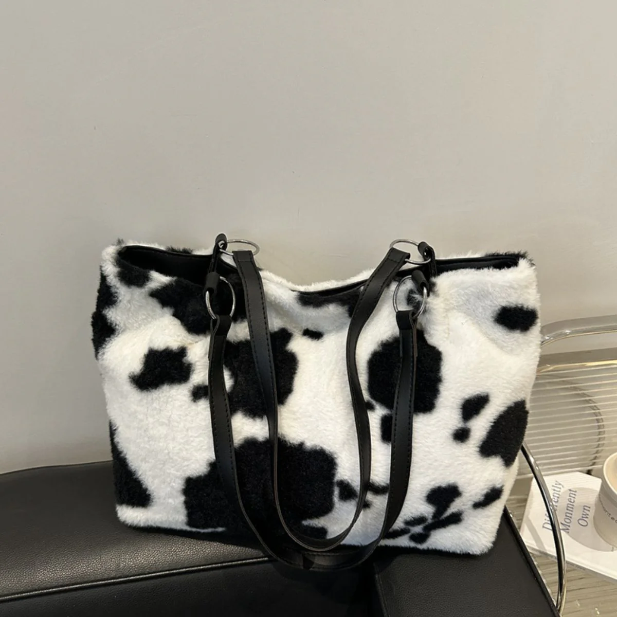 Cow Print Furry Tote Bag - Image 8