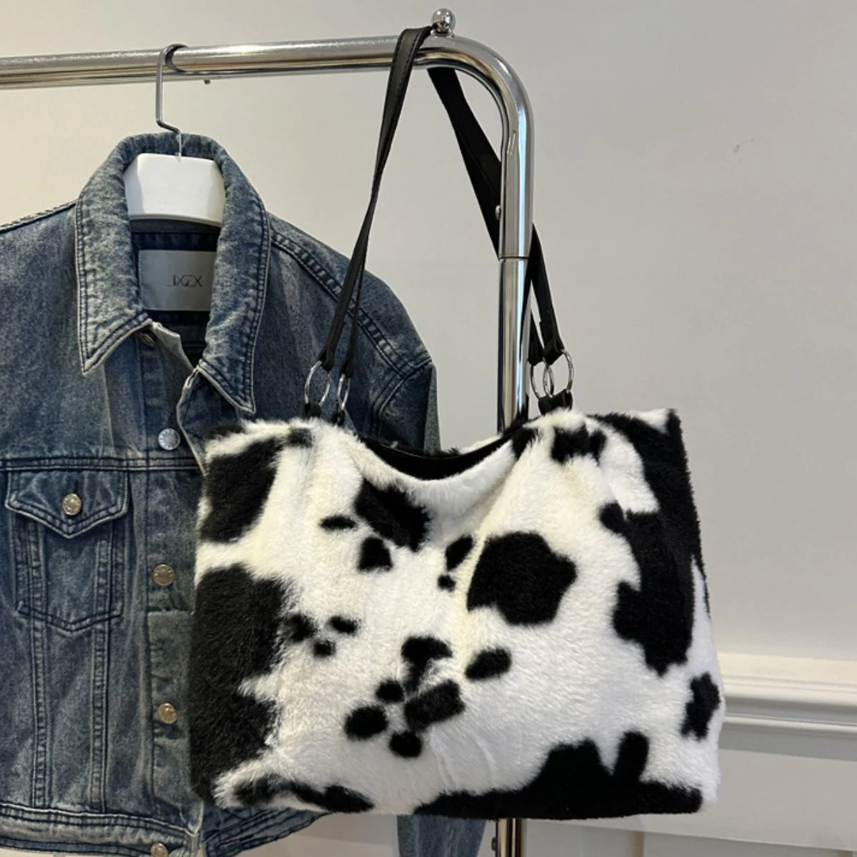 Cow Print Furry Tote Bag - Image 9