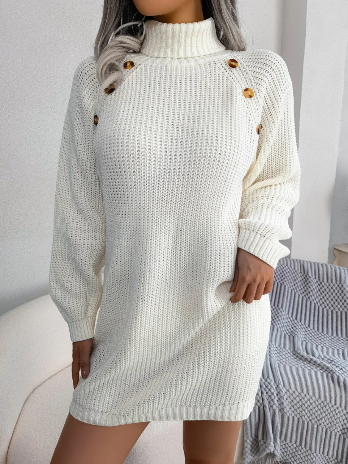Decorative Button Turtleneck Sweater Dress - Image 4