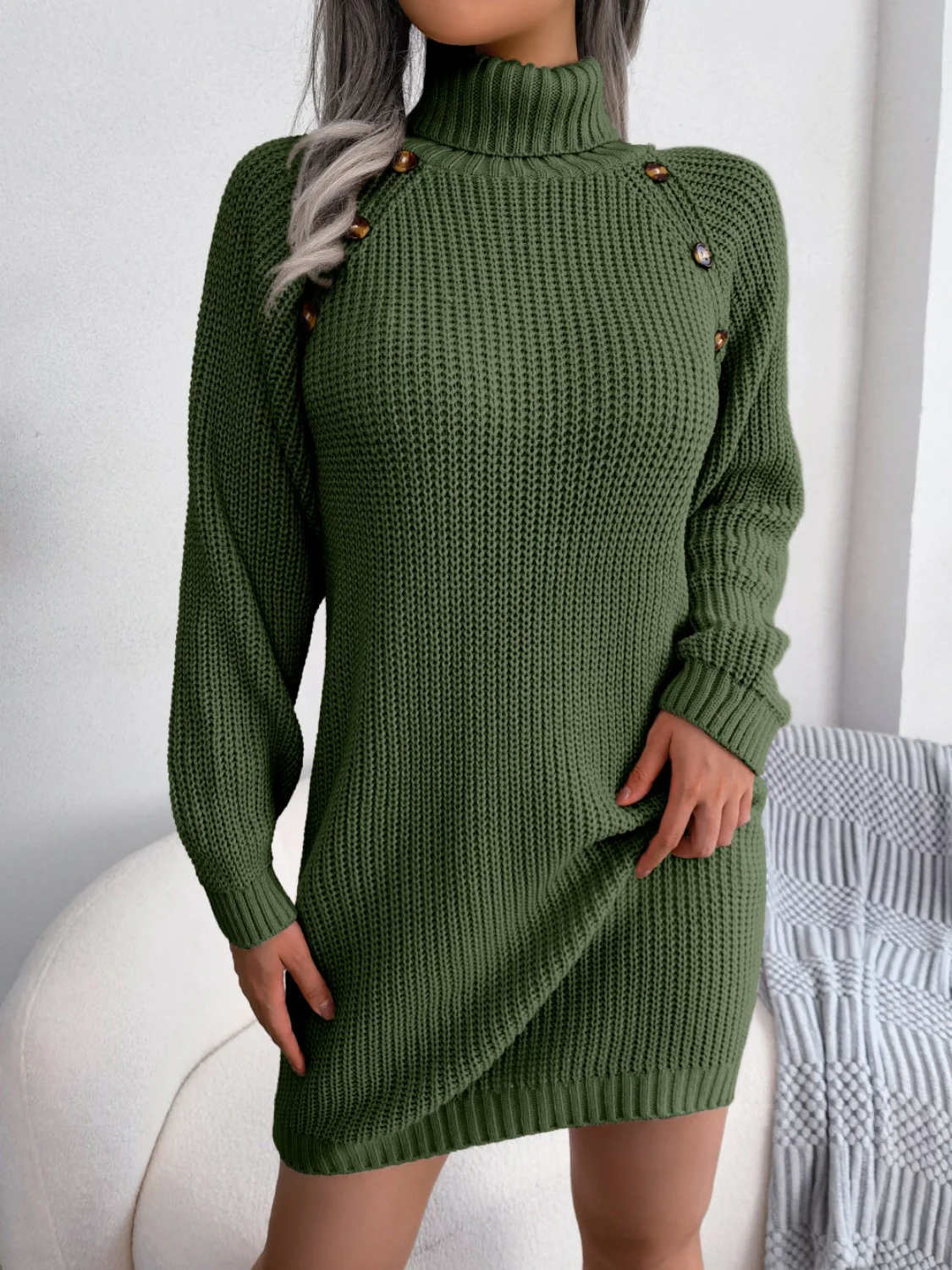Decorative Button Turtleneck Sweater Dress - Image 7