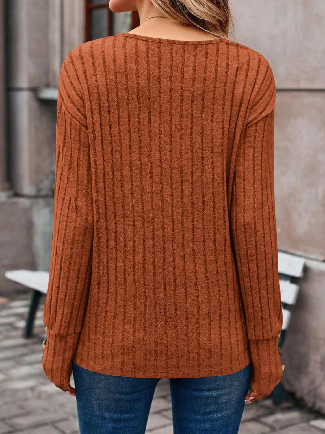 Decorative Button V-Neck Long Sleeve T-Shirt - Image 3