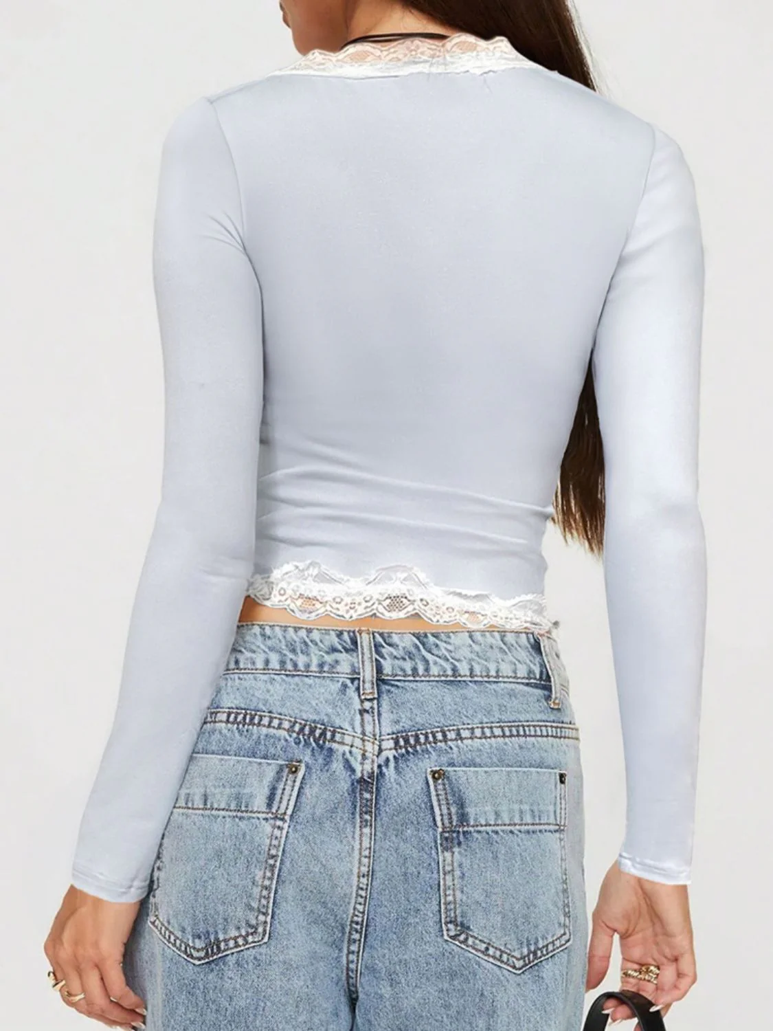 Devine Lace Detail V-Neck Long Sleeve T-Shirt - Image 12