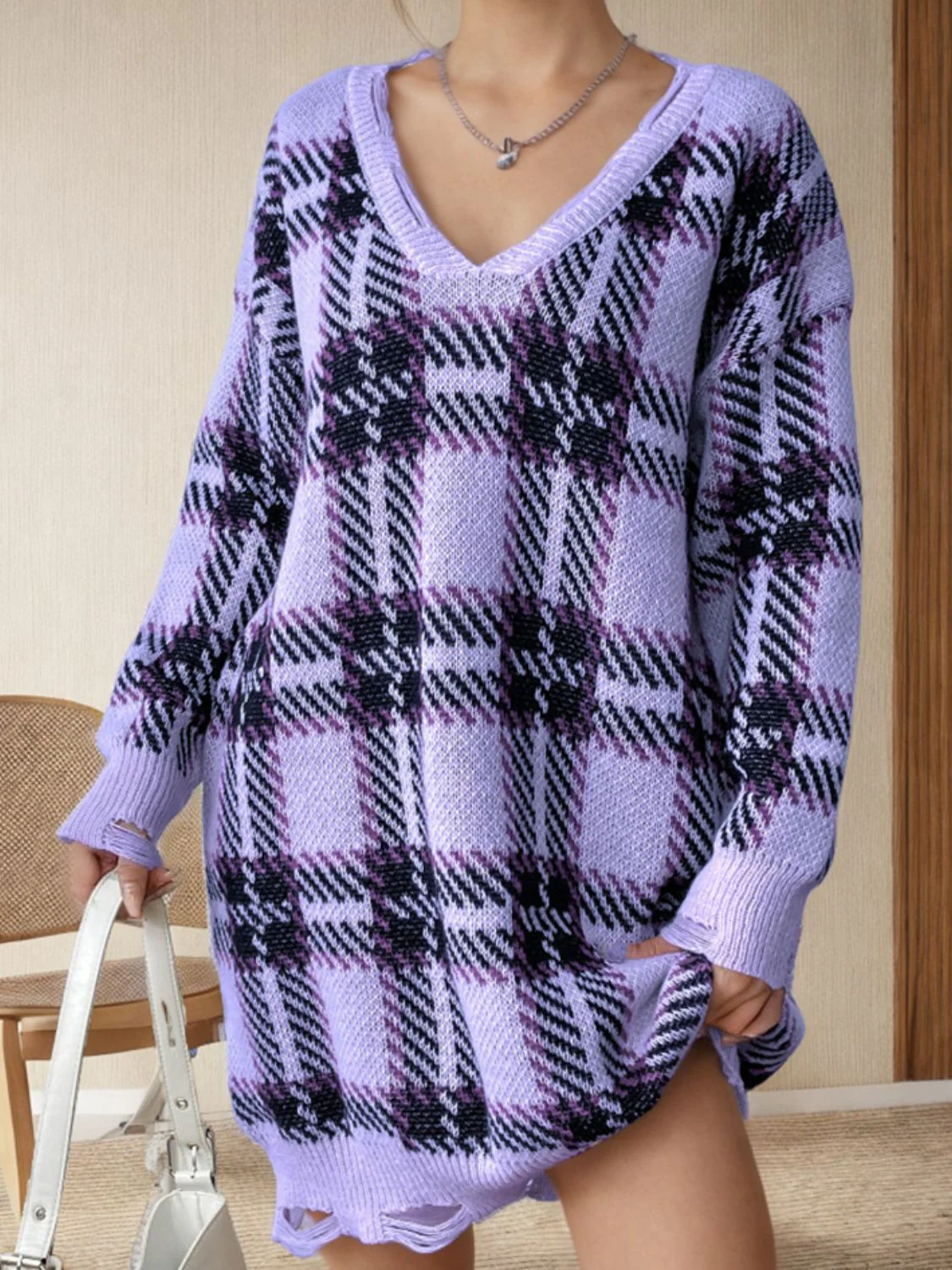 Distressed Plaid V-Neck Long Sleeve Sweater Dress - Image 10