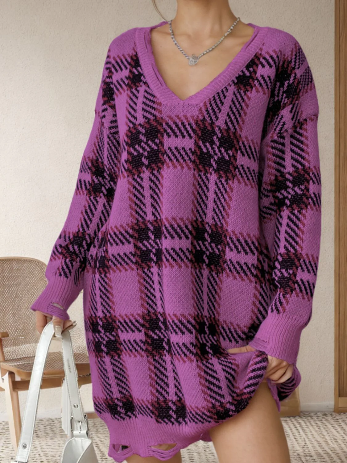 Distressed Plaid V-Neck Long Sleeve Sweater Dress - Image 6