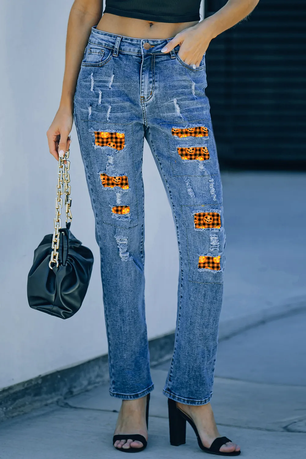 Distressed Pumpkin Pattern Jeans with Pockets - Image 3