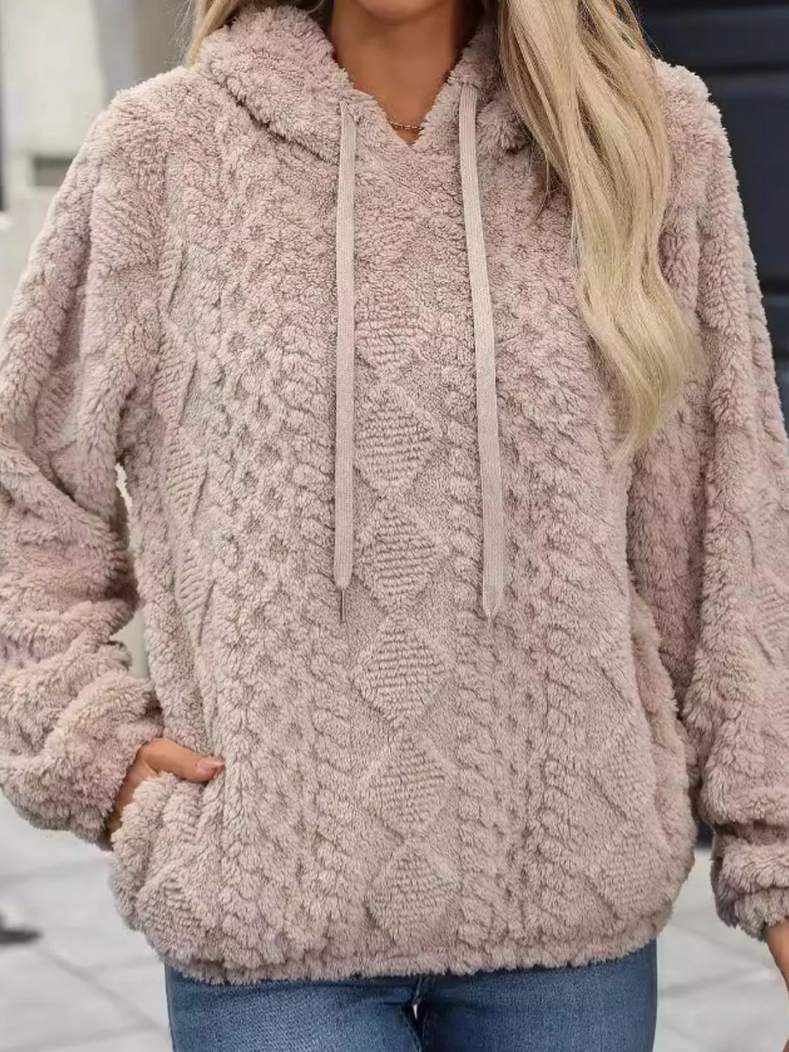 Drawstring Long Sleeve Plush Hoodie - Image 3