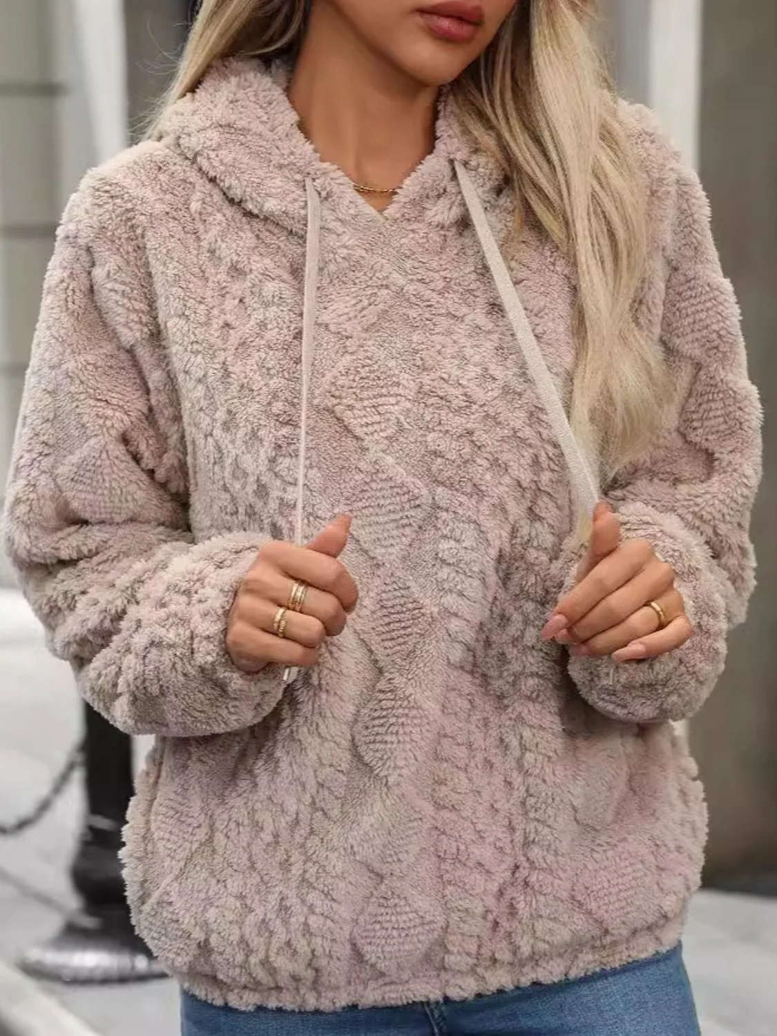 Drawstring Long Sleeve Plush Hoodie - Image 4