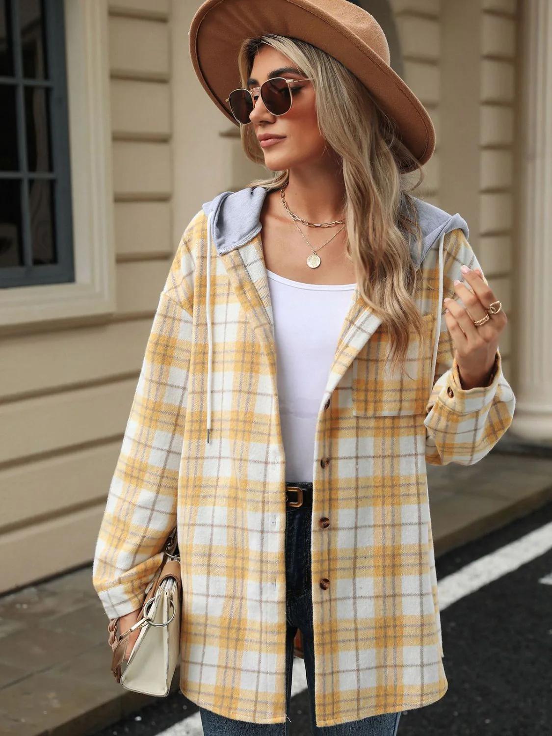 Drawstring Plaid Button Up Hooded Jacket - Image 10