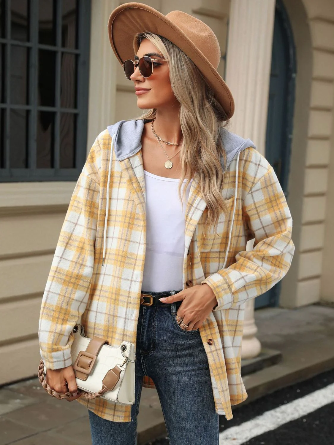 Drawstring Plaid Button Up Hooded Jacket - Image 11