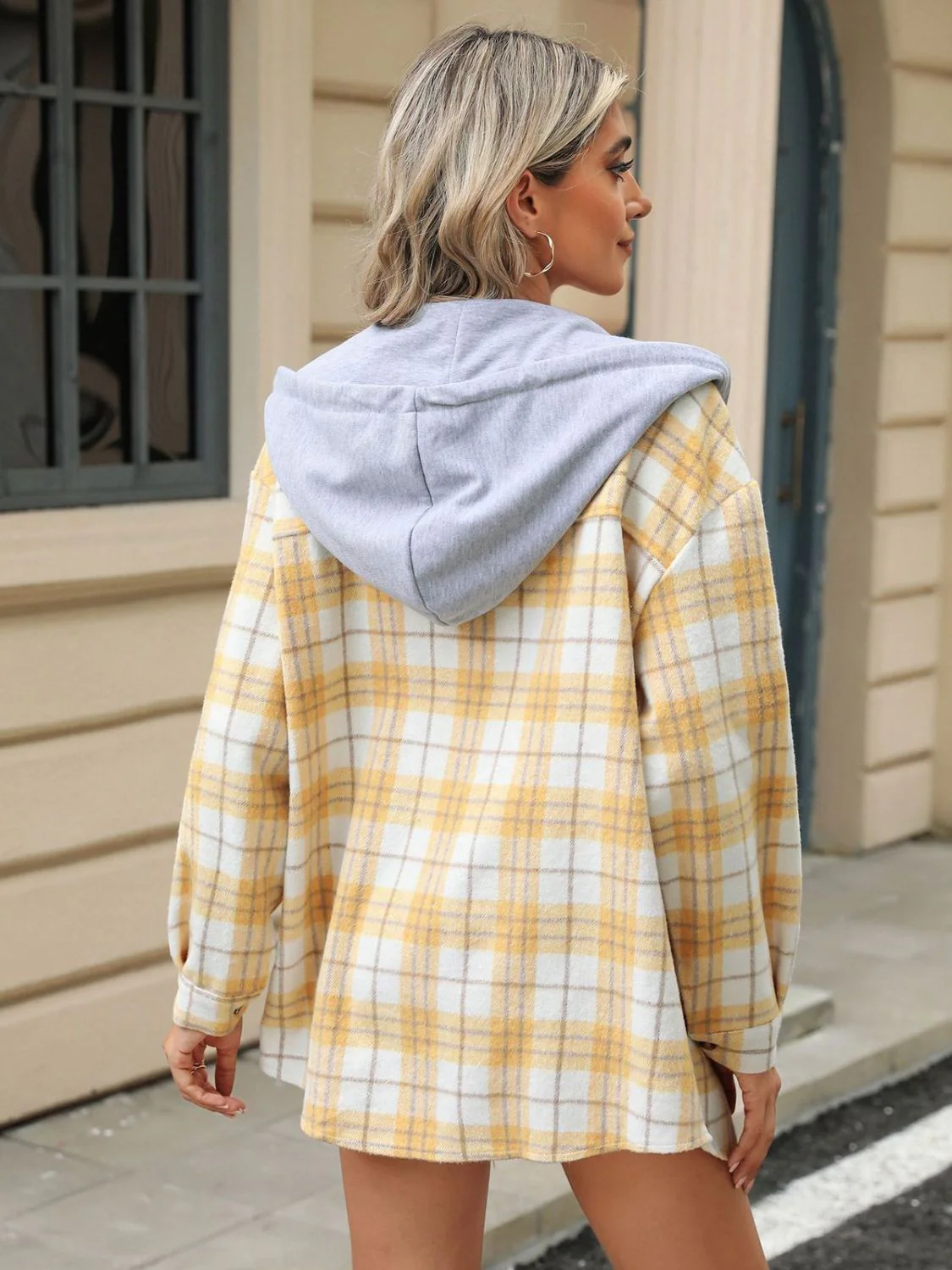 Drawstring Plaid Button Up Hooded Jacket - Image 12
