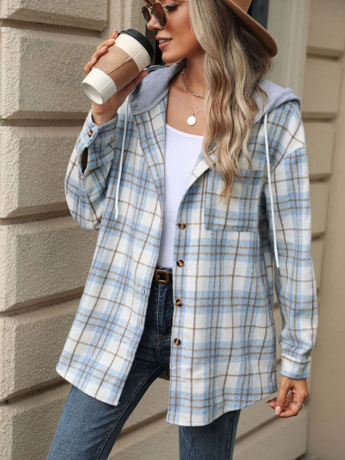 Drawstring Plaid Button Up Hooded Jacket - Image 14
