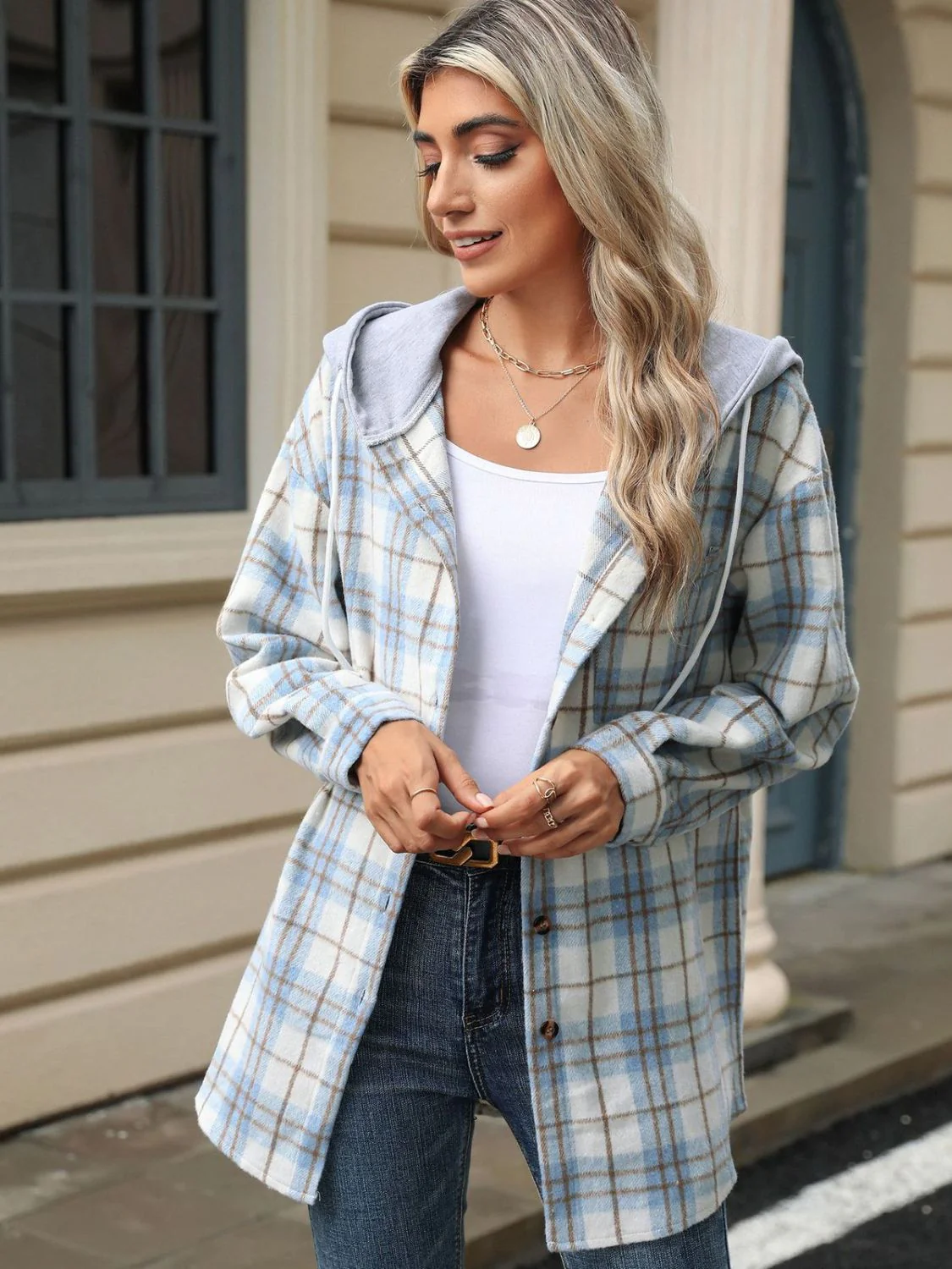 Drawstring Plaid Button Up Hooded Jacket - Image 16