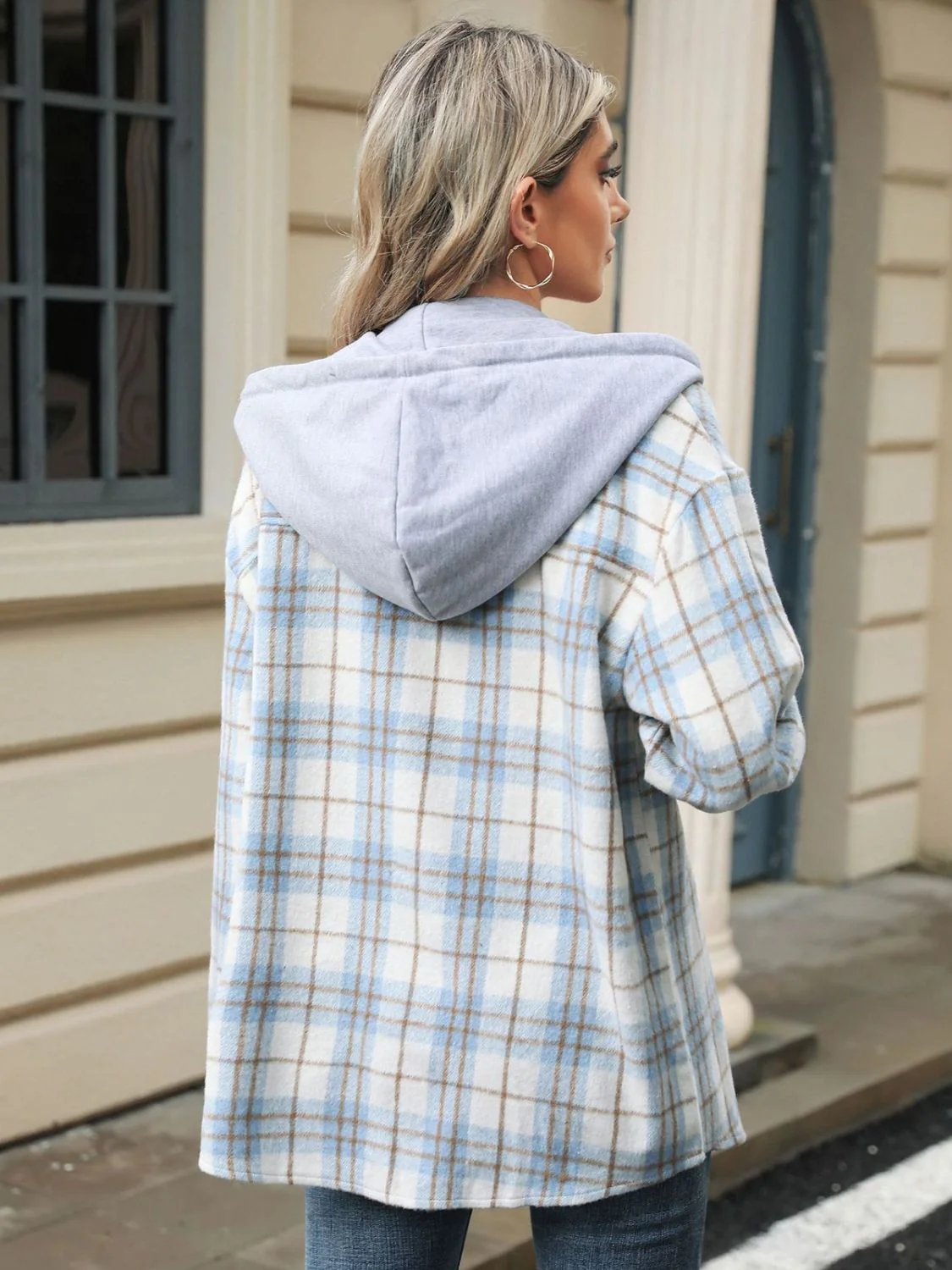 Drawstring Plaid Button Up Hooded Jacket - Image 18