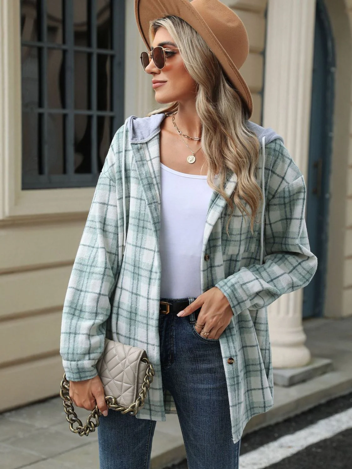 Drawstring Plaid Button Up Hooded Jacket - Image 3