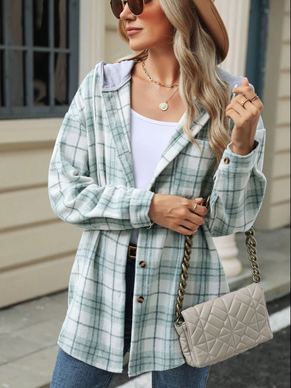 Drawstring Plaid Button Up Hooded Jacket - Image 4