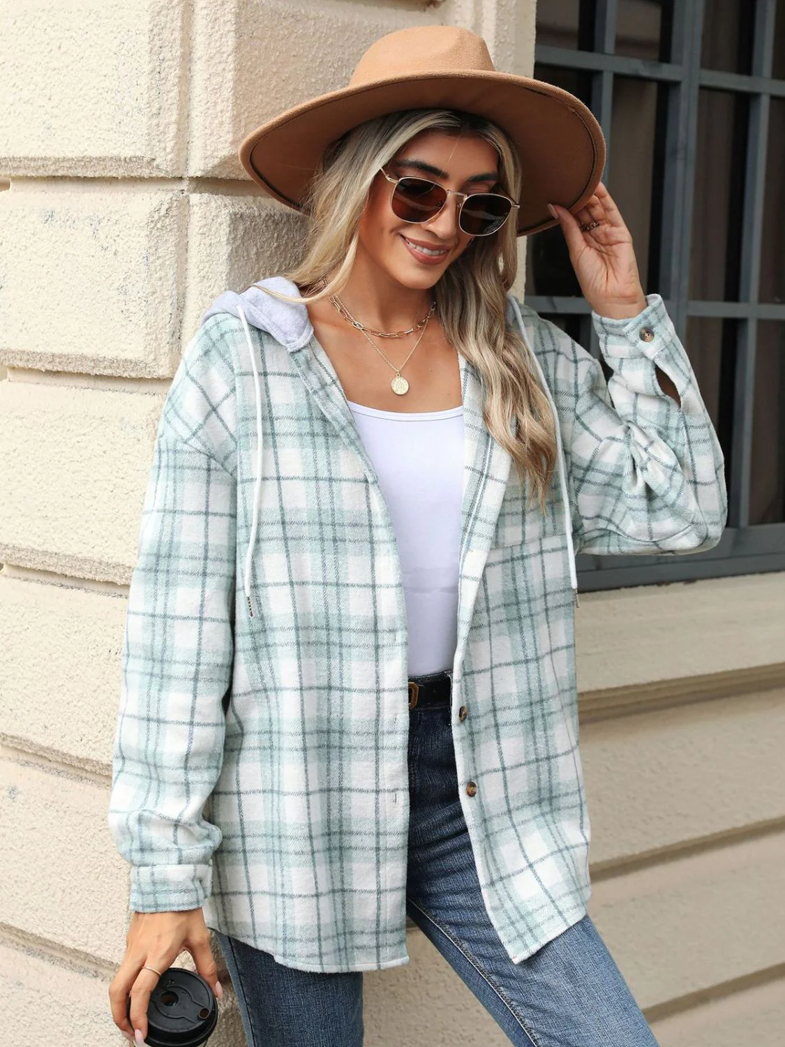 Drawstring Plaid Button Up Hooded Jacket - Image 5