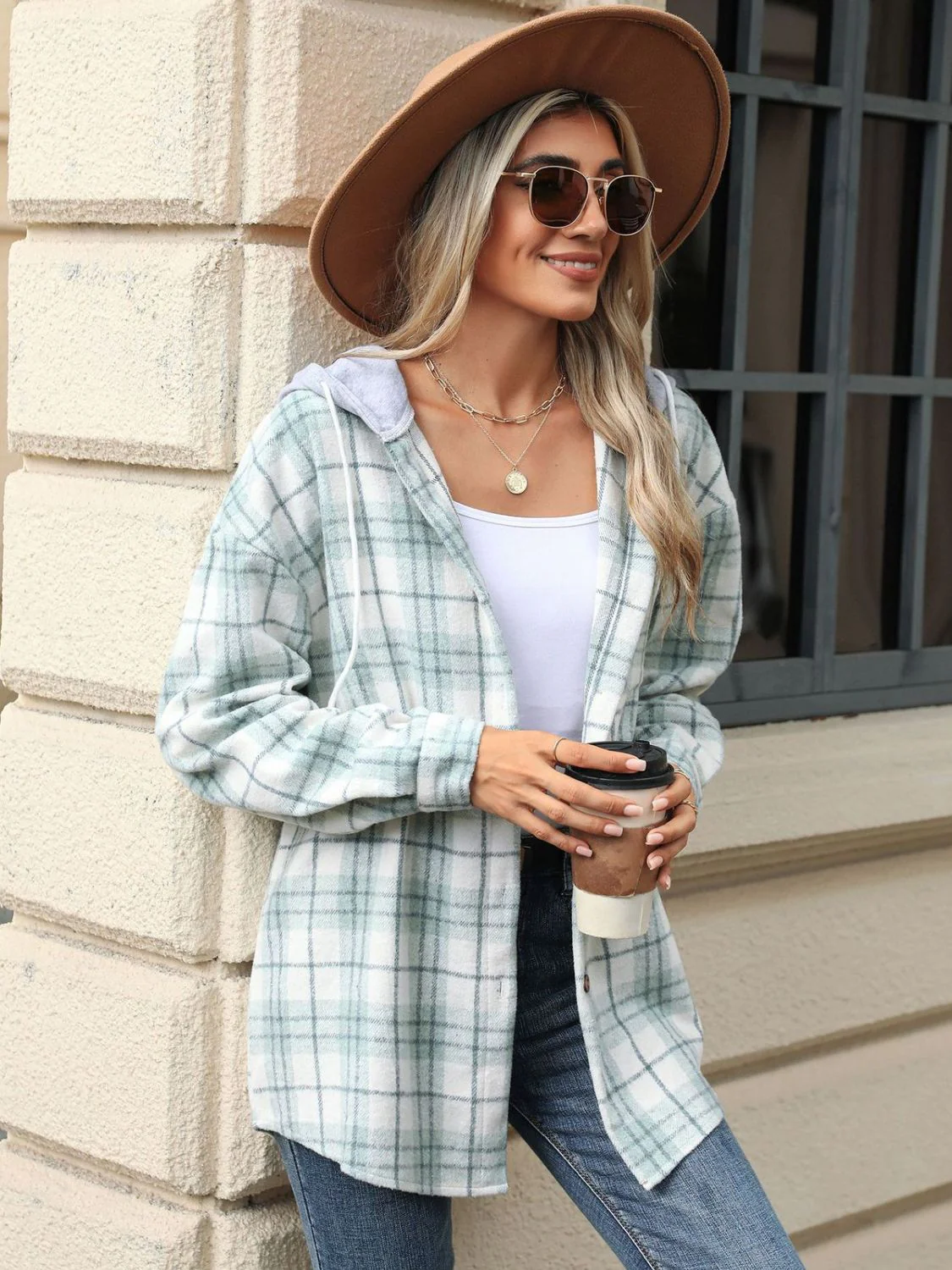 Drawstring Plaid Button Up Hooded Jacket - Image 6