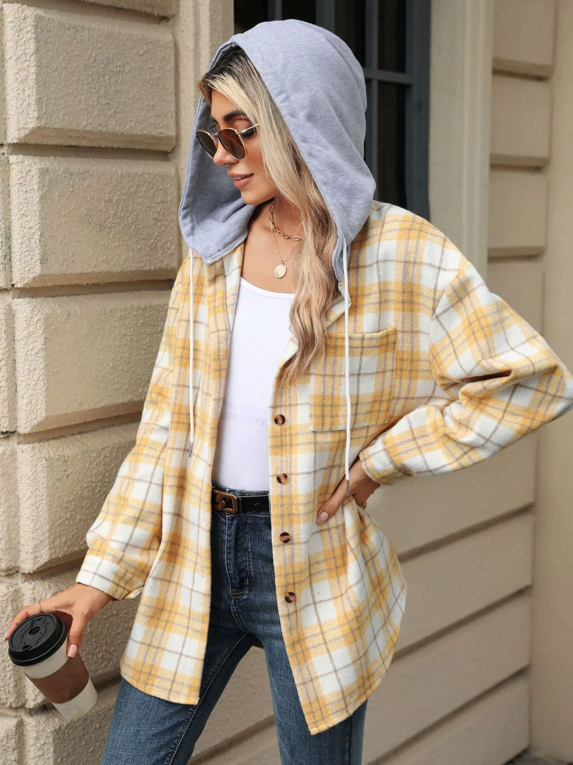 Drawstring Plaid Button Up Hooded Jacket - Image 7