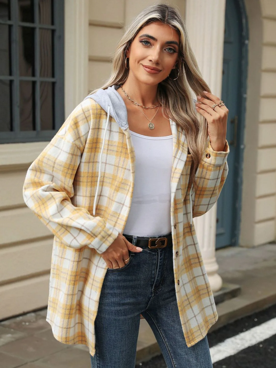 Drawstring Plaid Button Up Hooded Jacket - Image 8