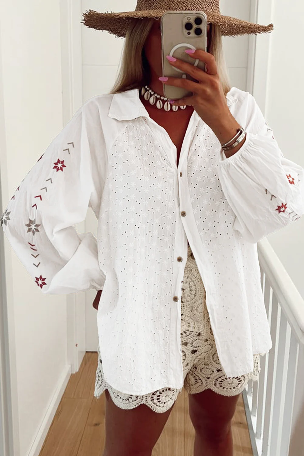Embroidered Eyelet Collared Neck Long Sleeve Shirt - Image 3
