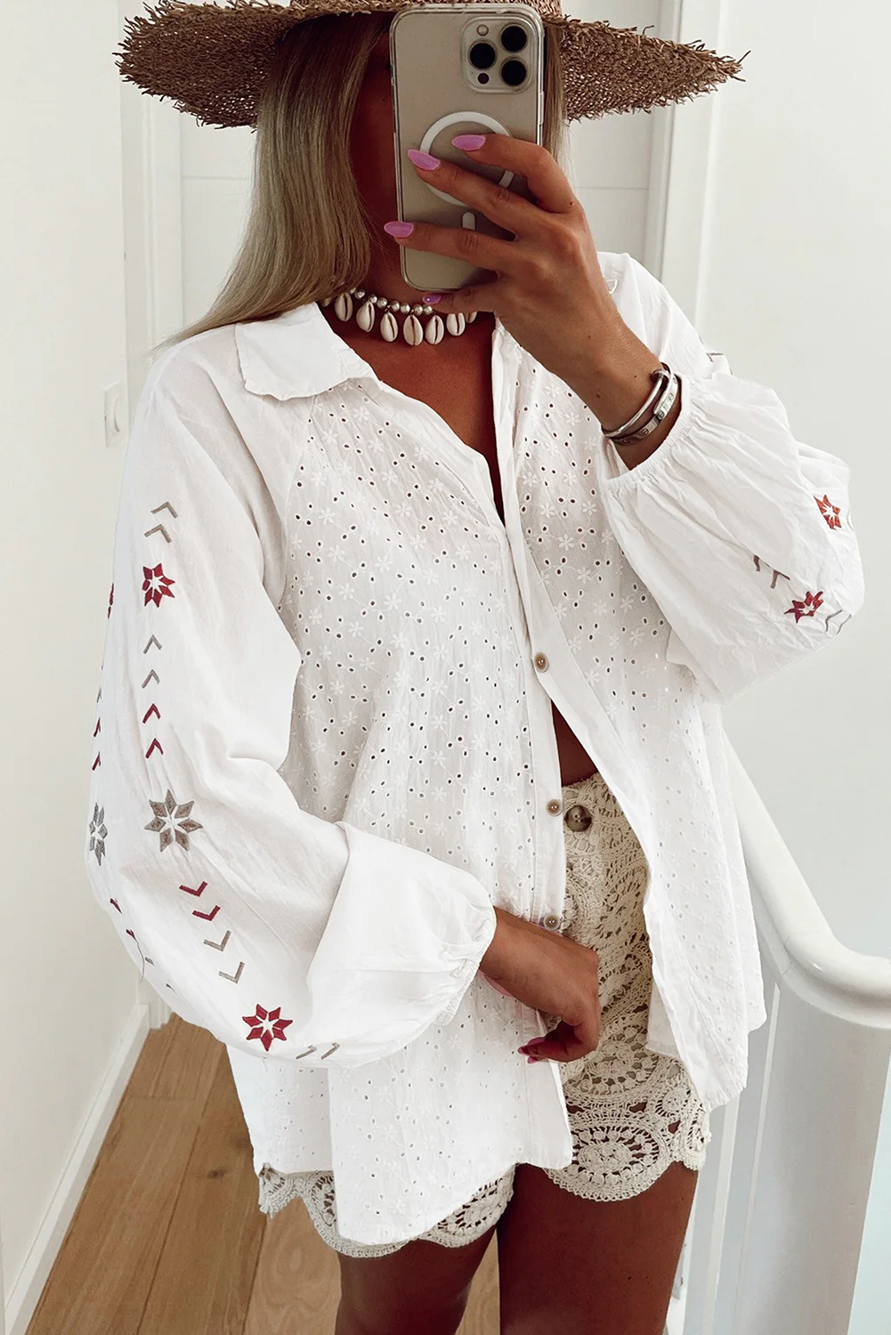 Embroidered Eyelet Collared Neck Long Sleeve Shirt - Image 4