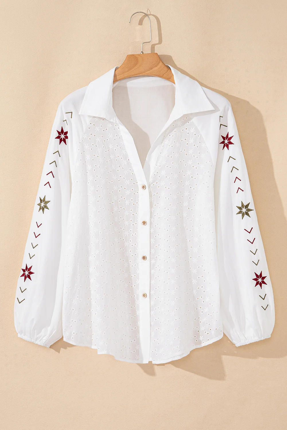 Embroidered Eyelet Collared Neck Long Sleeve Shirt - Image 5