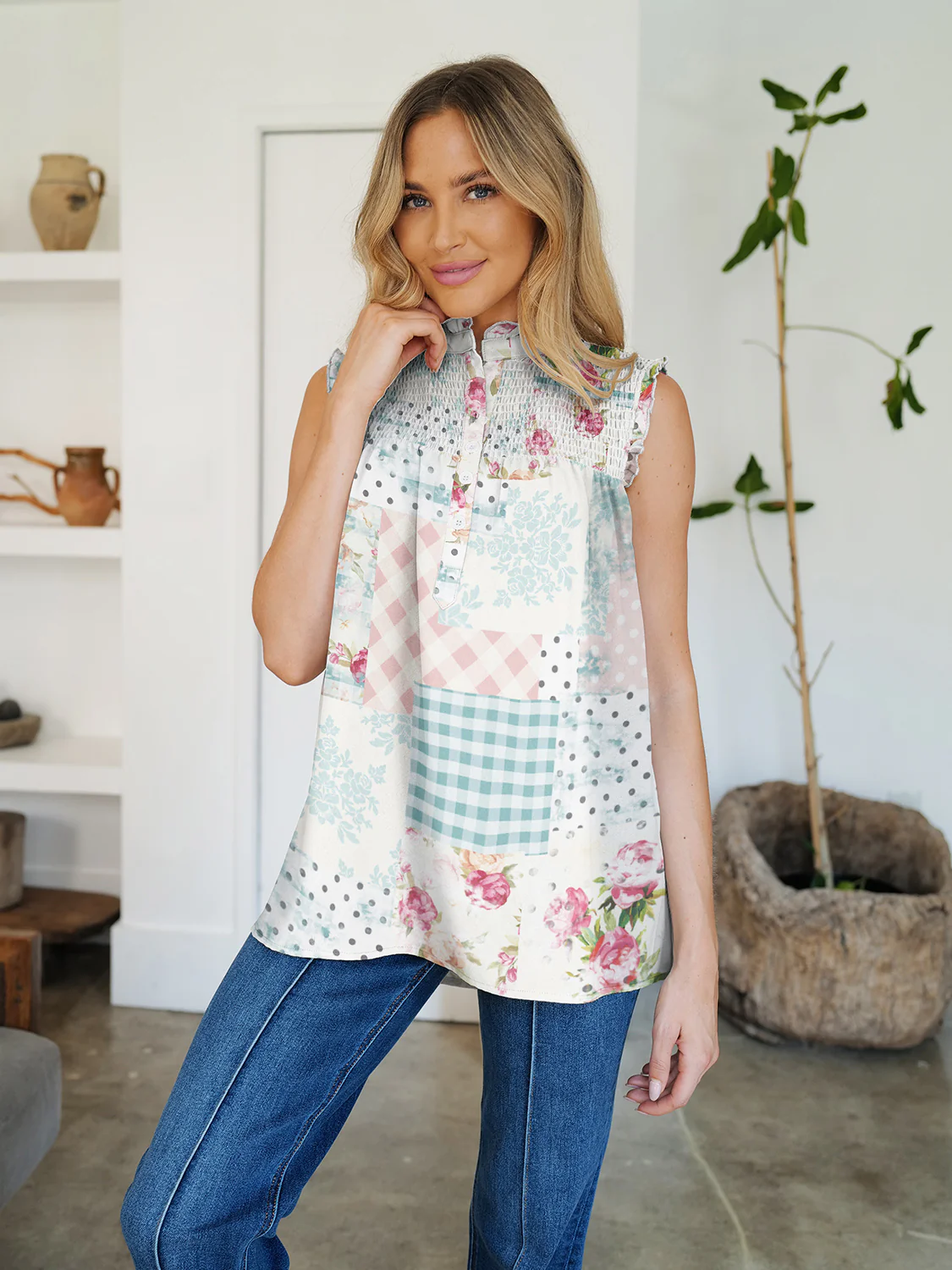 FAM-FAM Frill Printed Mock Neck Top - Image 14