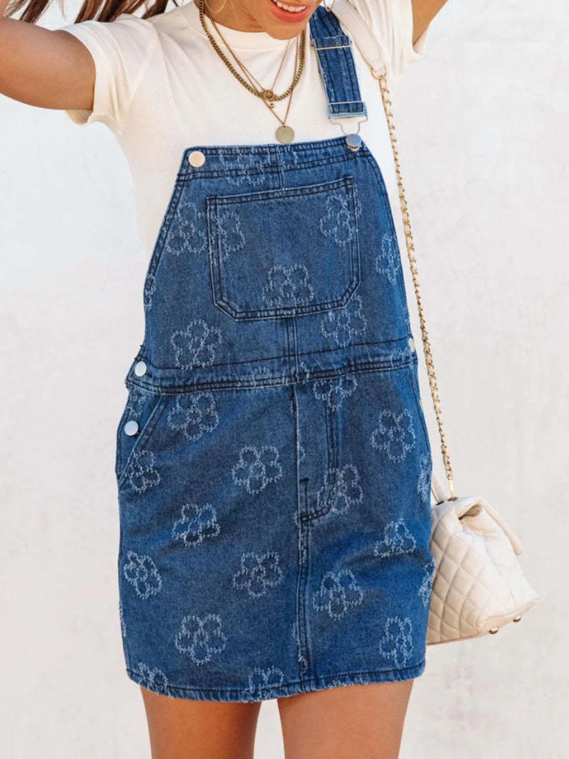 Flower Wide Strap Denim Overall Dress with Pockets - Image 3