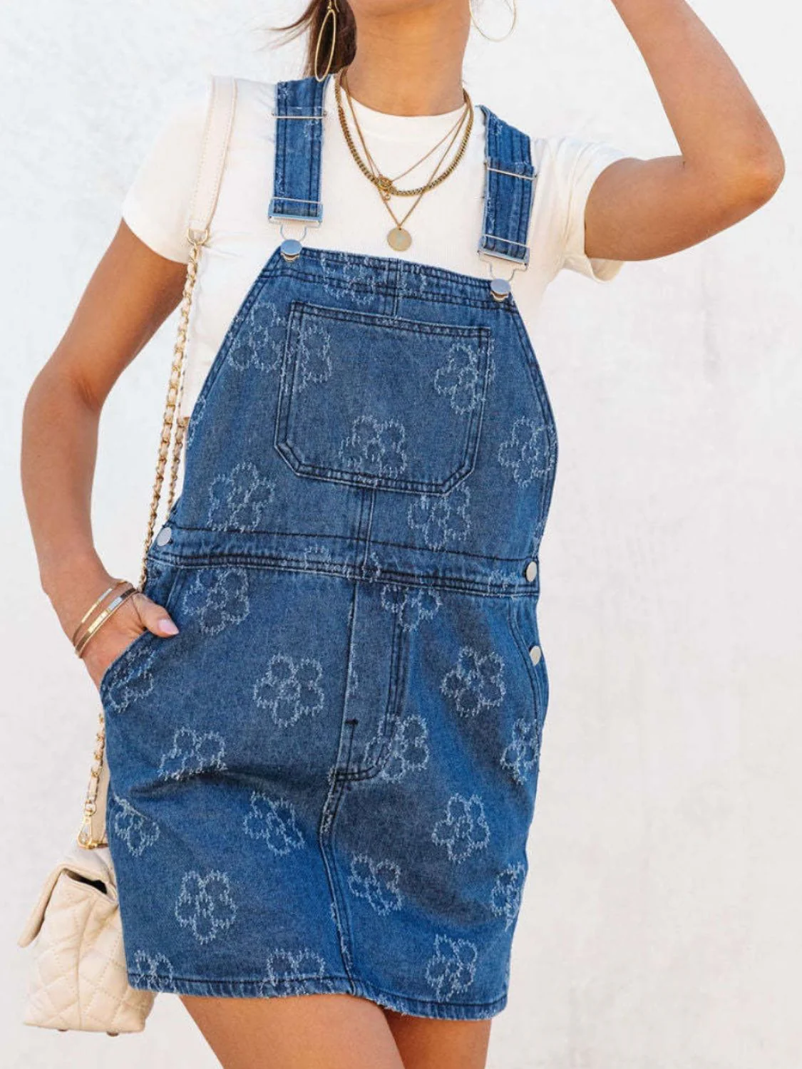 Flower Wide Strap Denim Overall Dress with Pockets - Image 4