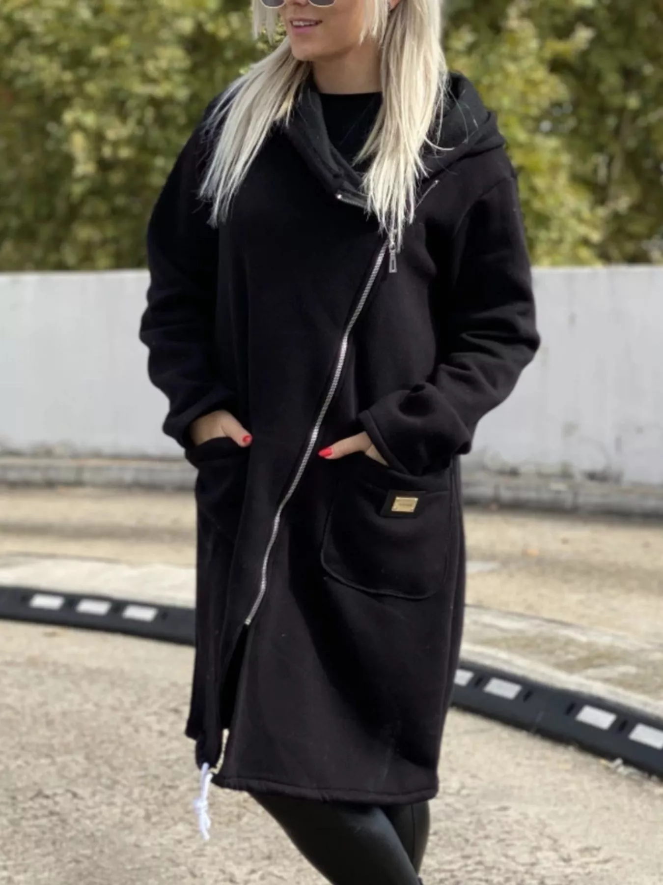 Full Size Asymmetrical Zip-Up Hooded Fleece Outerwear Plus Size - Image 9