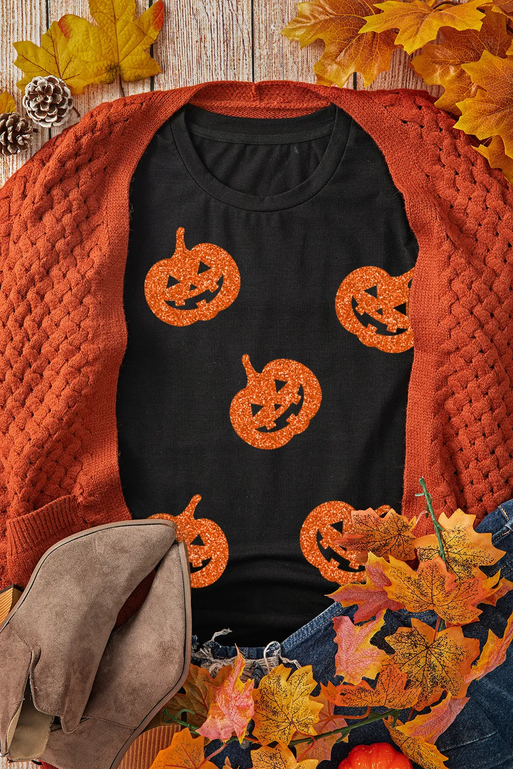 Full Size Glitter Jack-O'-Lantern Round Neck Short Sleeve T-Shirt - Image 4