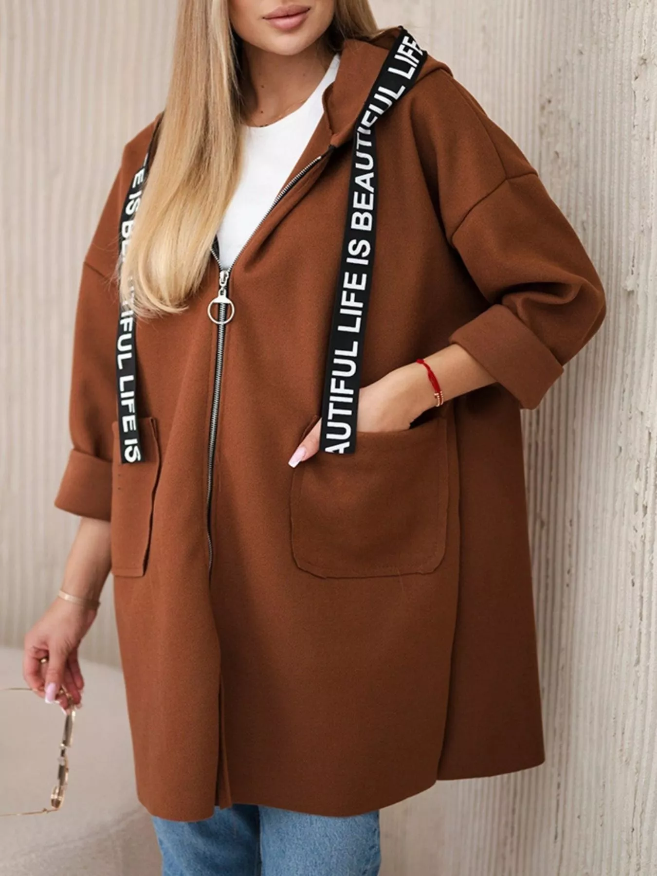 Full Size Hooded Zip-Up Longline Outerwear Plus Size - Image 13