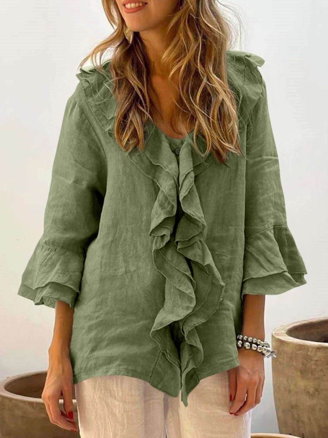 Full Size Ruffled V-Neck Flounce Sleeve Blouse - Image 19