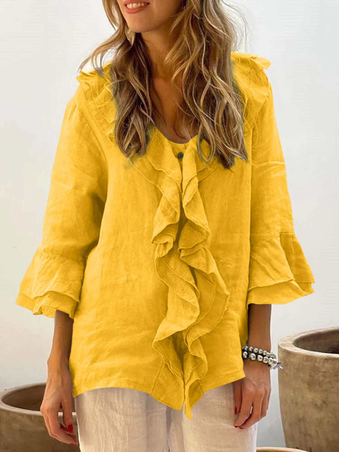 Full Size Ruffled V-Neck Flounce Sleeve Blouse - Image 7