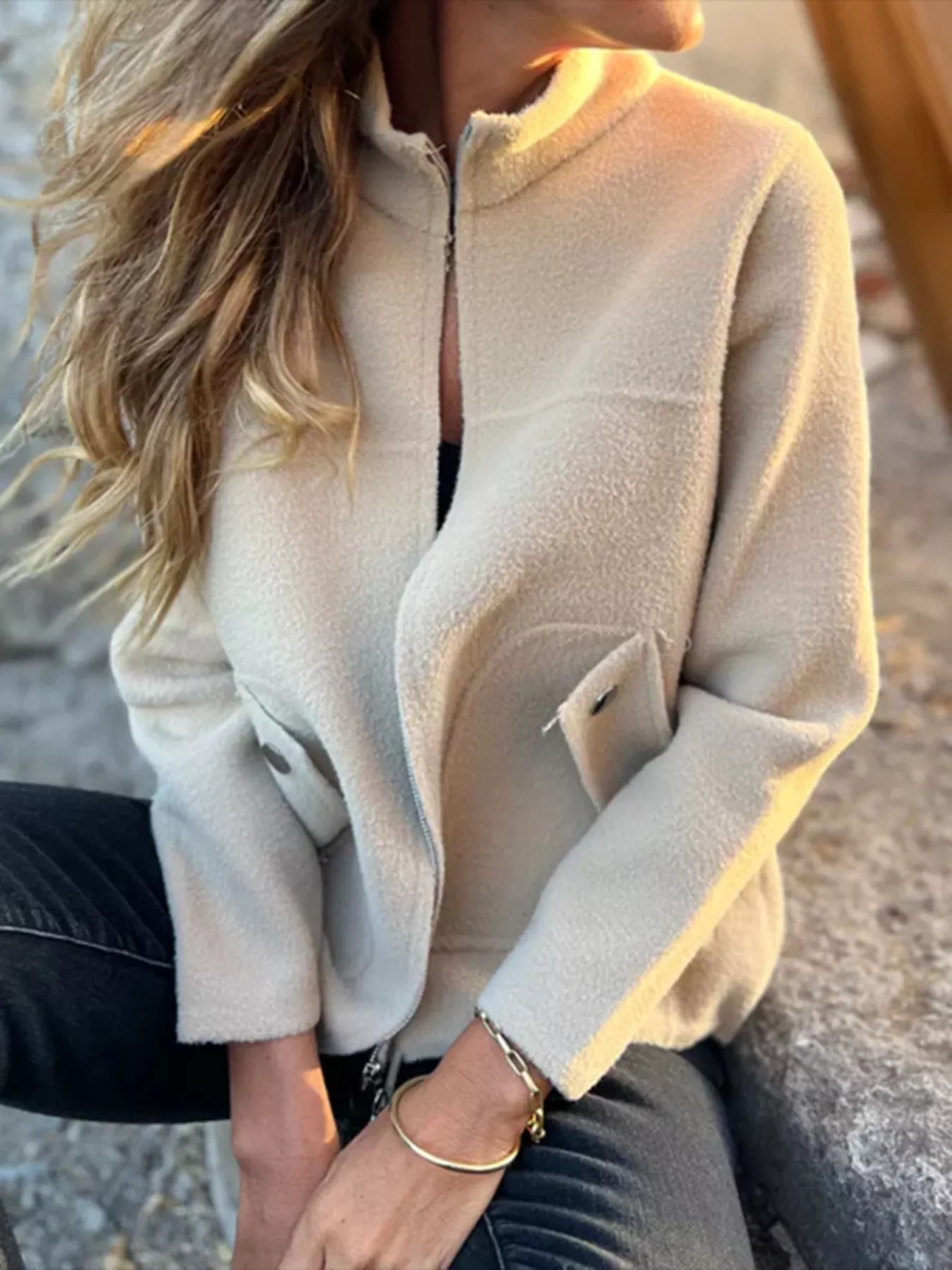 Full Size Textured Knit Zip Up Outerwear Plus Size - Image 4