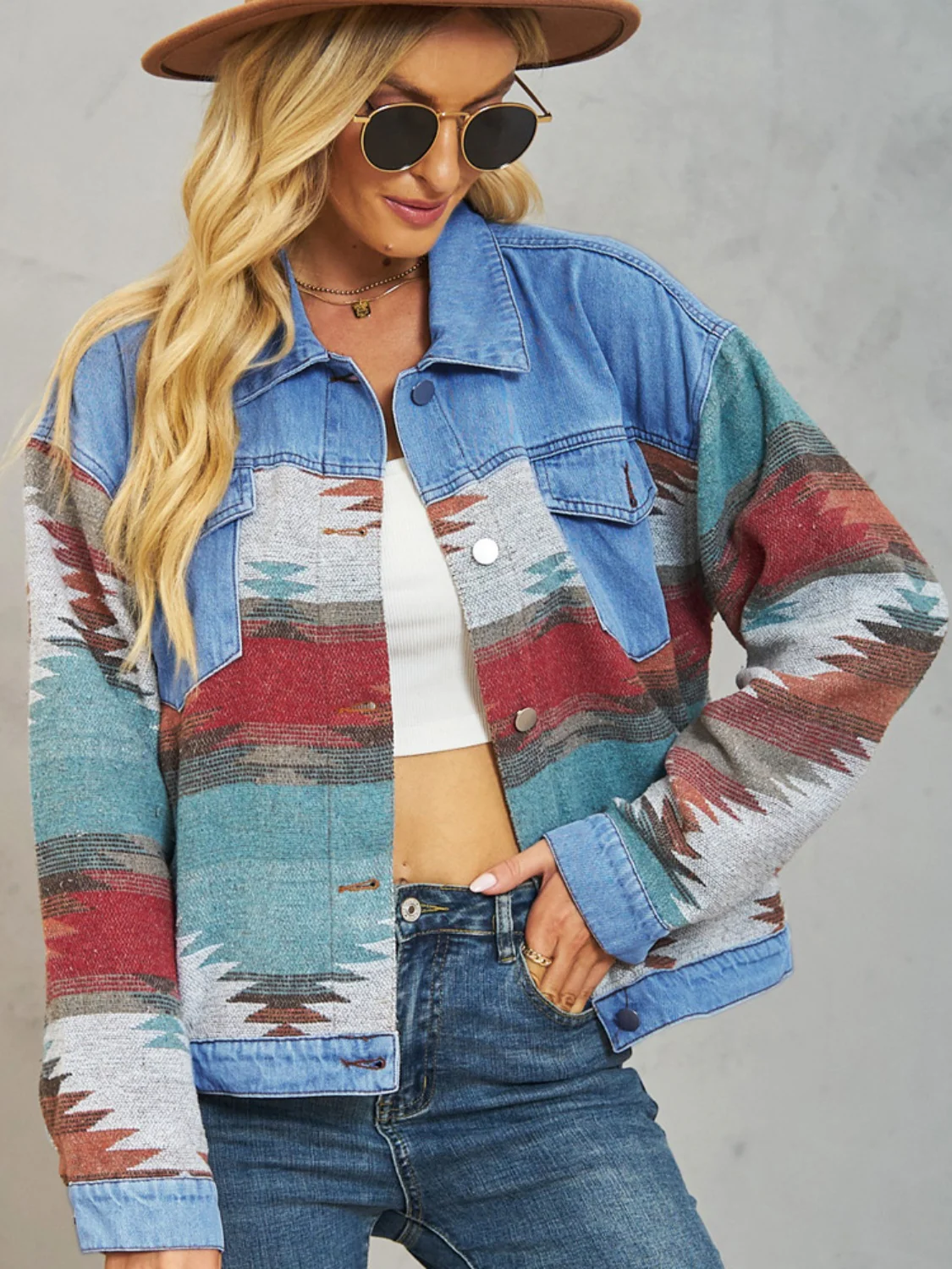 Geometric Button Up Dropped Shoulder Denim Jacket - Image 4