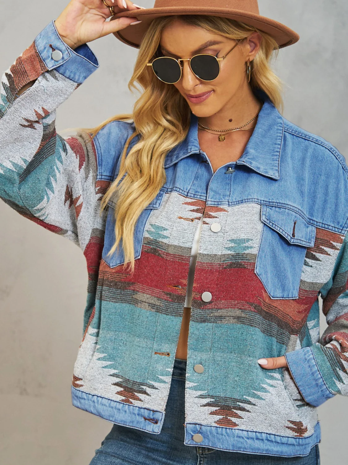 Geometric Button Up Dropped Shoulder Denim Jacket - Image 5