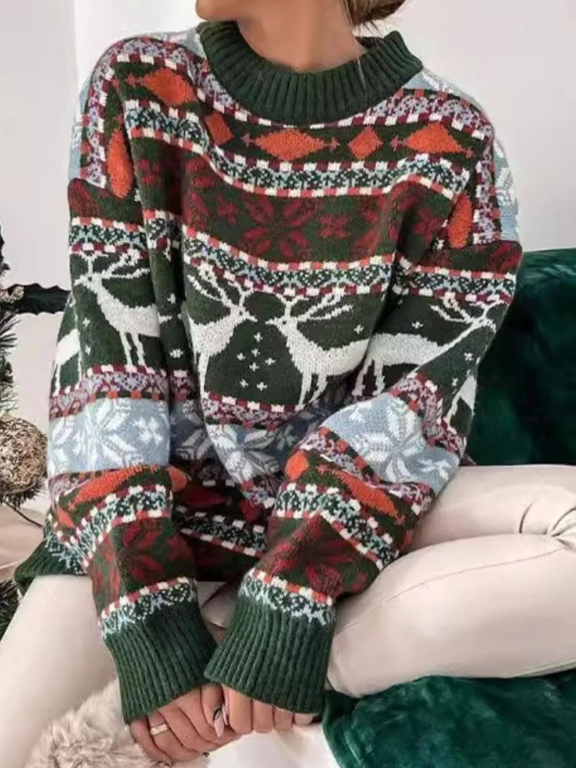 Geometric Round Neck Dropped Shoulder Sweater - Image 5