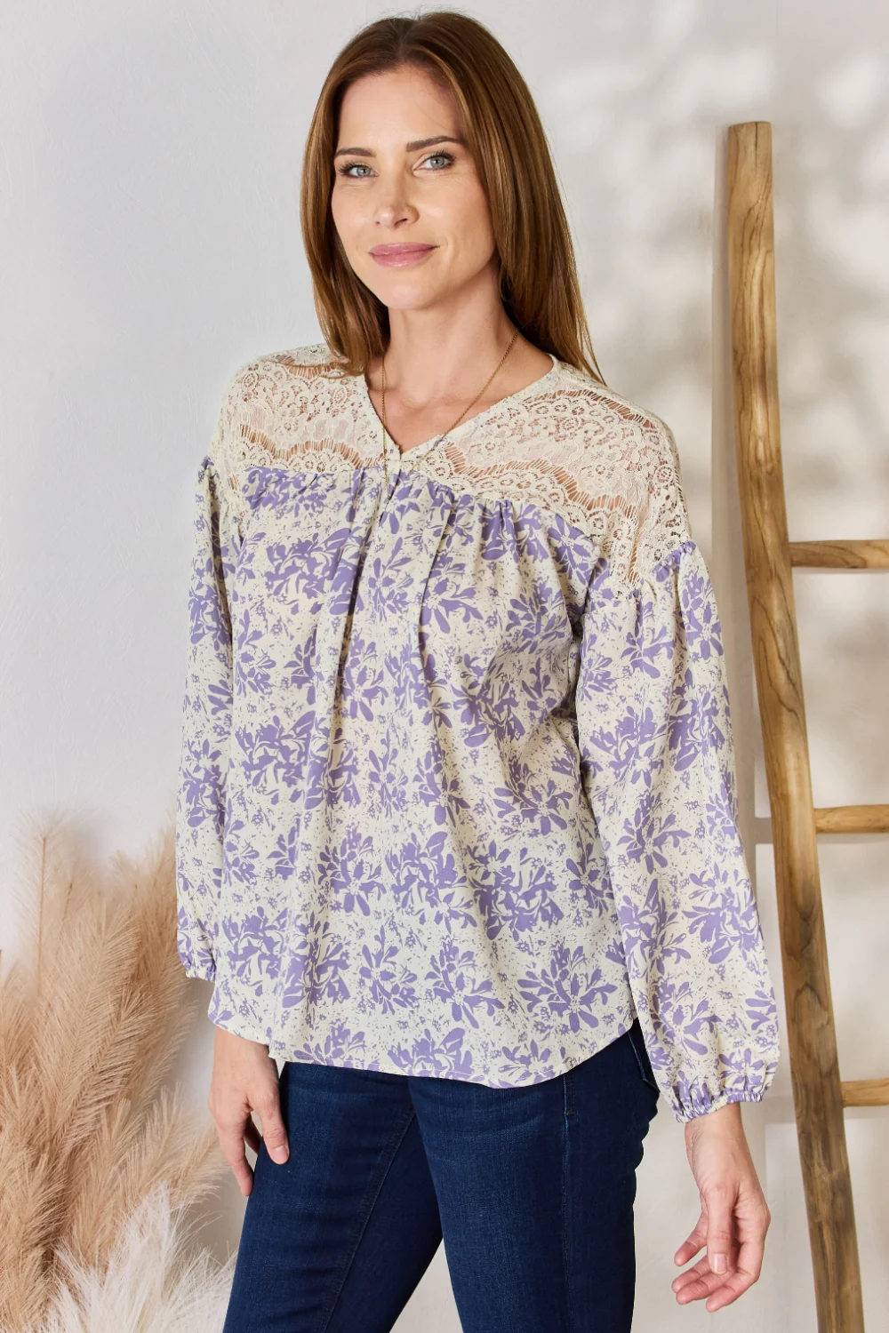 Hailey & Co Full Size Lace Detail Printed Blouse - Image 3