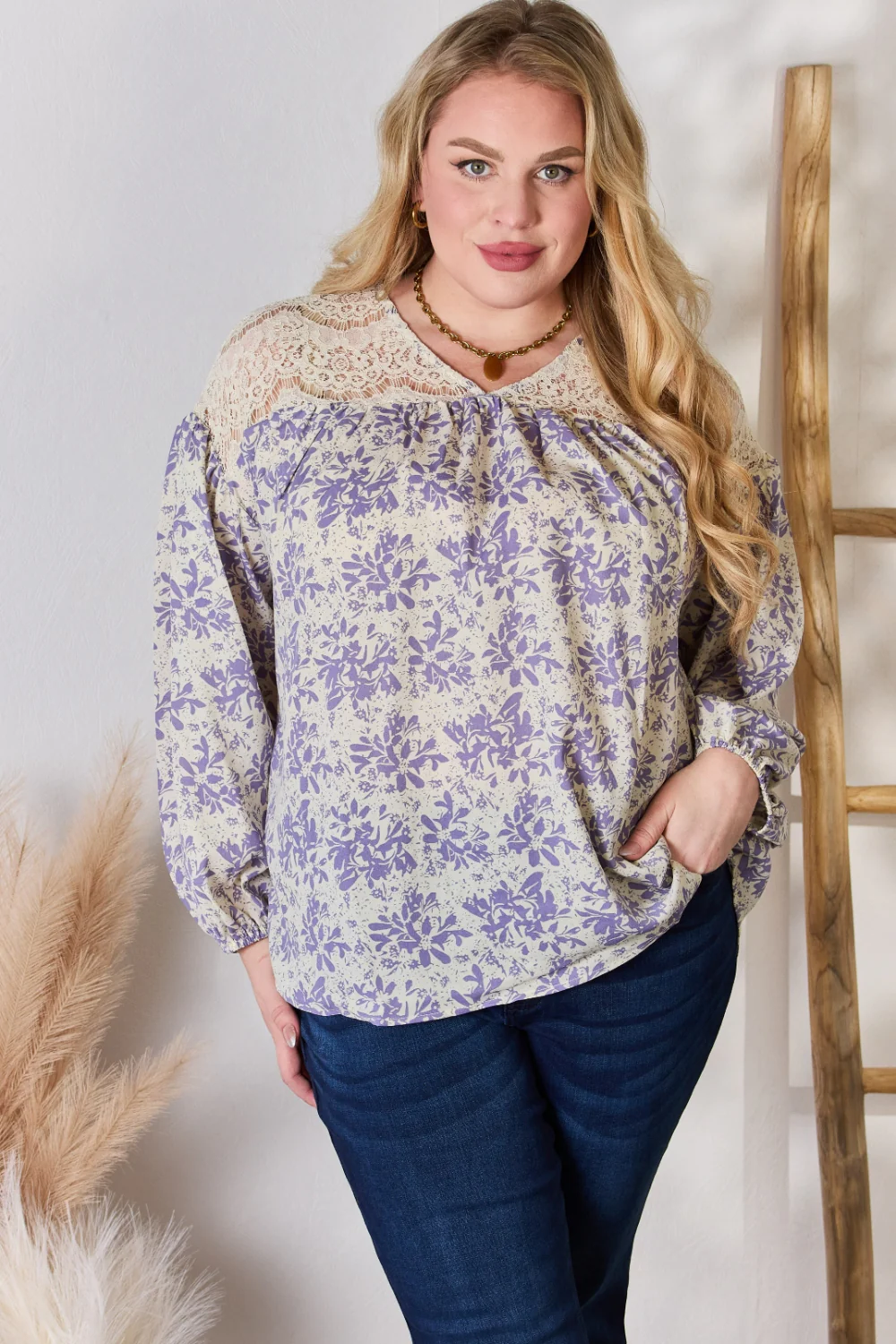 Hailey & Co Full Size Lace Detail Printed Blouse - Image 7