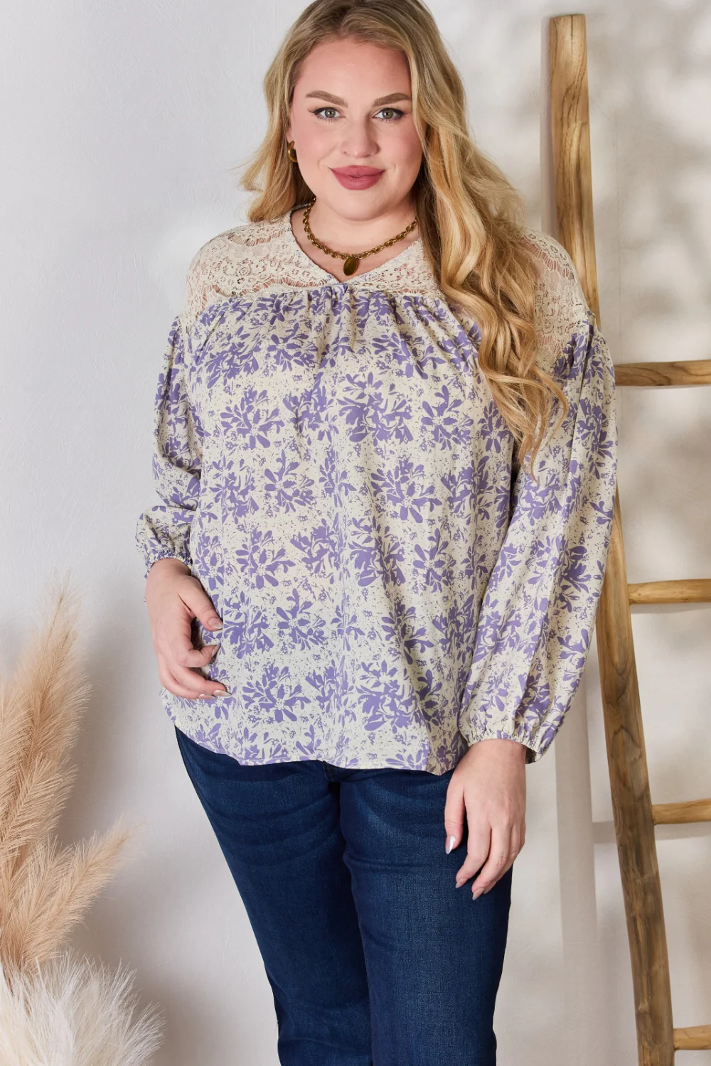 Hailey & Co Full Size Lace Detail Printed Blouse - Image 8