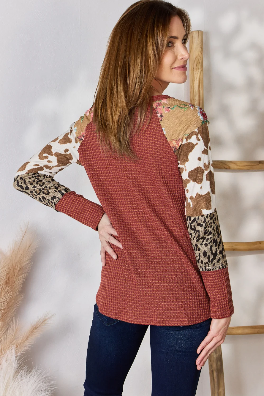 Hailey & Co Full Size Leopard Waffle-Knit Blouse - Image 10