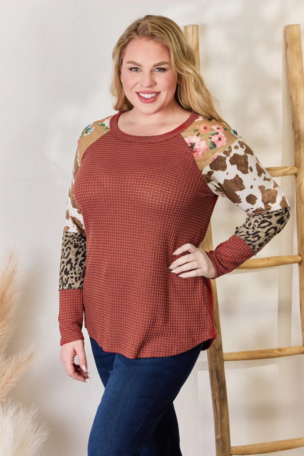 Hailey & Co Full Size Leopard Waffle-Knit Blouse - Image 3