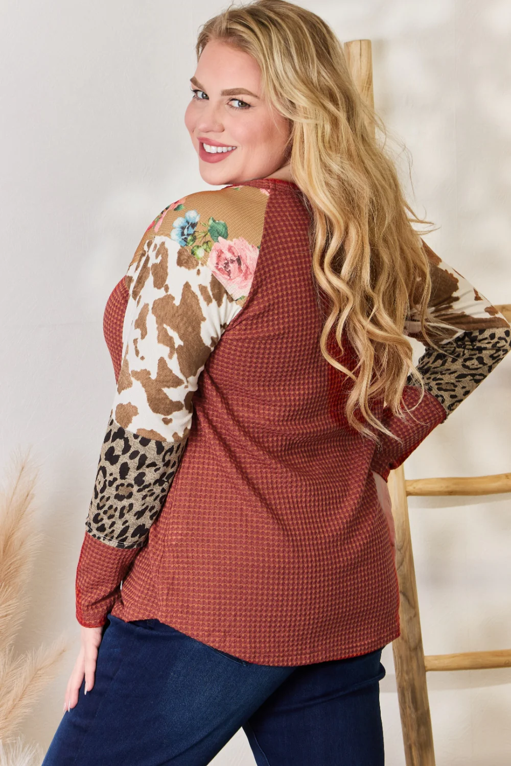 Hailey & Co Full Size Leopard Waffle-Knit Blouse - Image 4